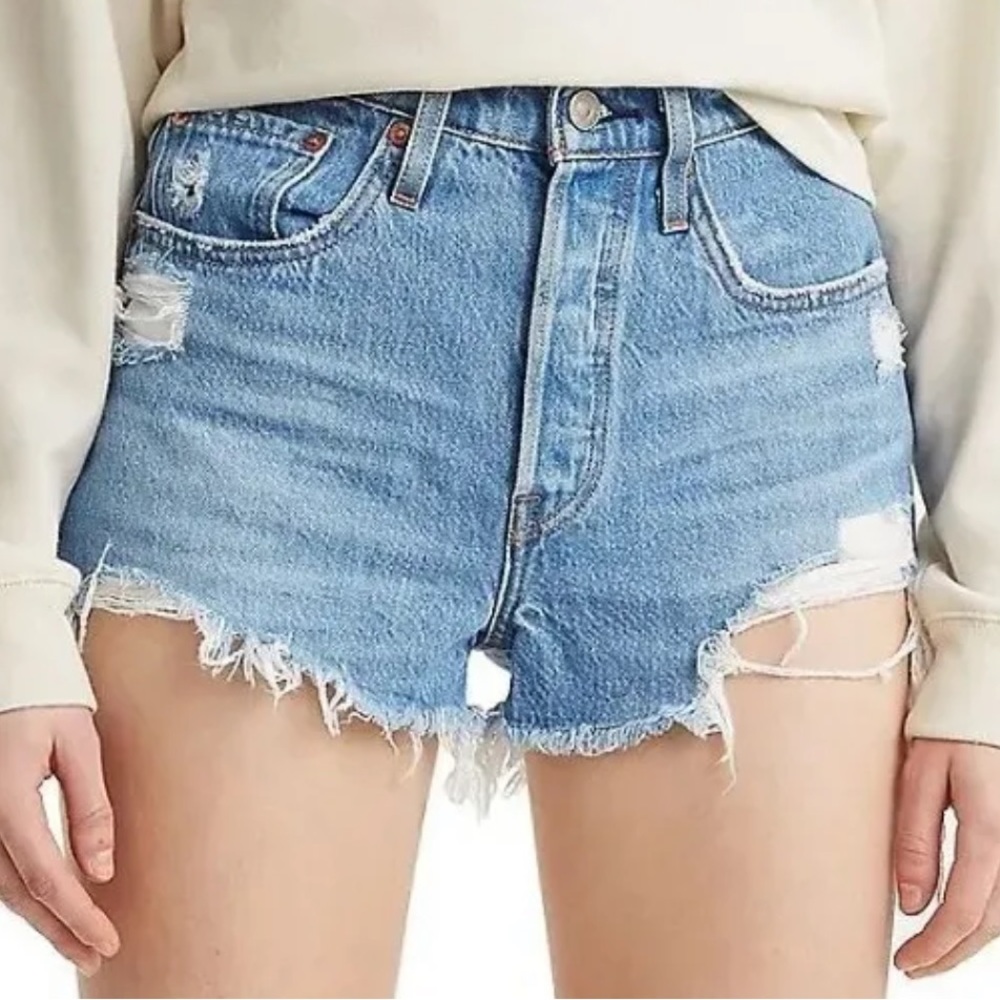 Levi’s 501 jean shorts distressed button fly cutoff high rise medium wash 31